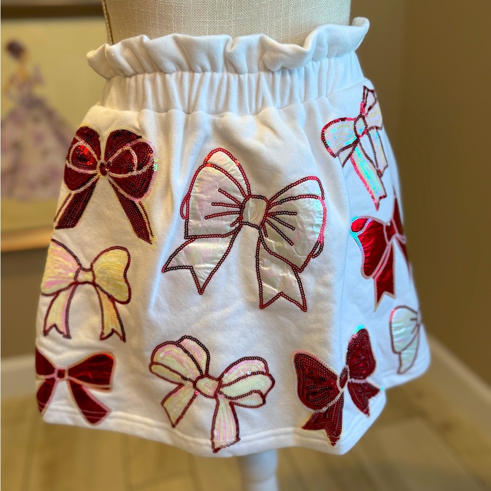 New! QUEEN OF SPARKLES Red and White Sequin Bow Skort